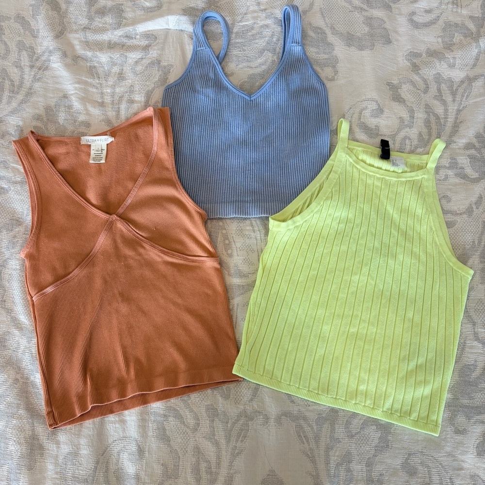 Divided Ribbed Tank Tops in Rust, Sky Blue, and Lime set of 3